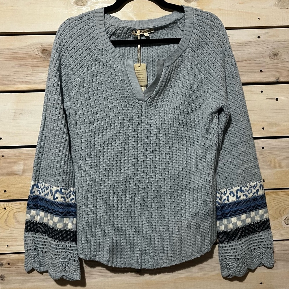 Mystree Mixed Media Henley Light Blue Knit Sweater Medium - Picture 6 of 7